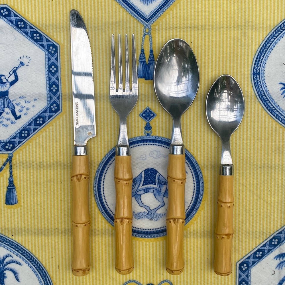 🍴🎋 Faux Bamboo Handle Flatware Set - Knife 🔪, Fork, 2 Spoons🥄 🥄
